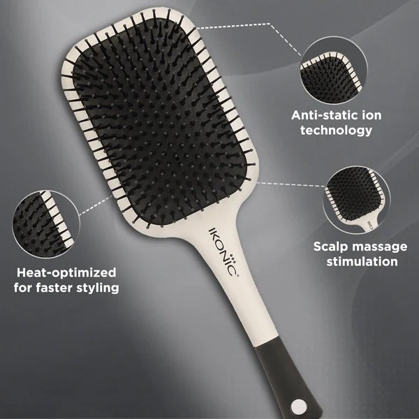 Ikonic Professional Artistic Paddle Hair Brush with Ion Bristles & Anti-Static Technology – White & Black